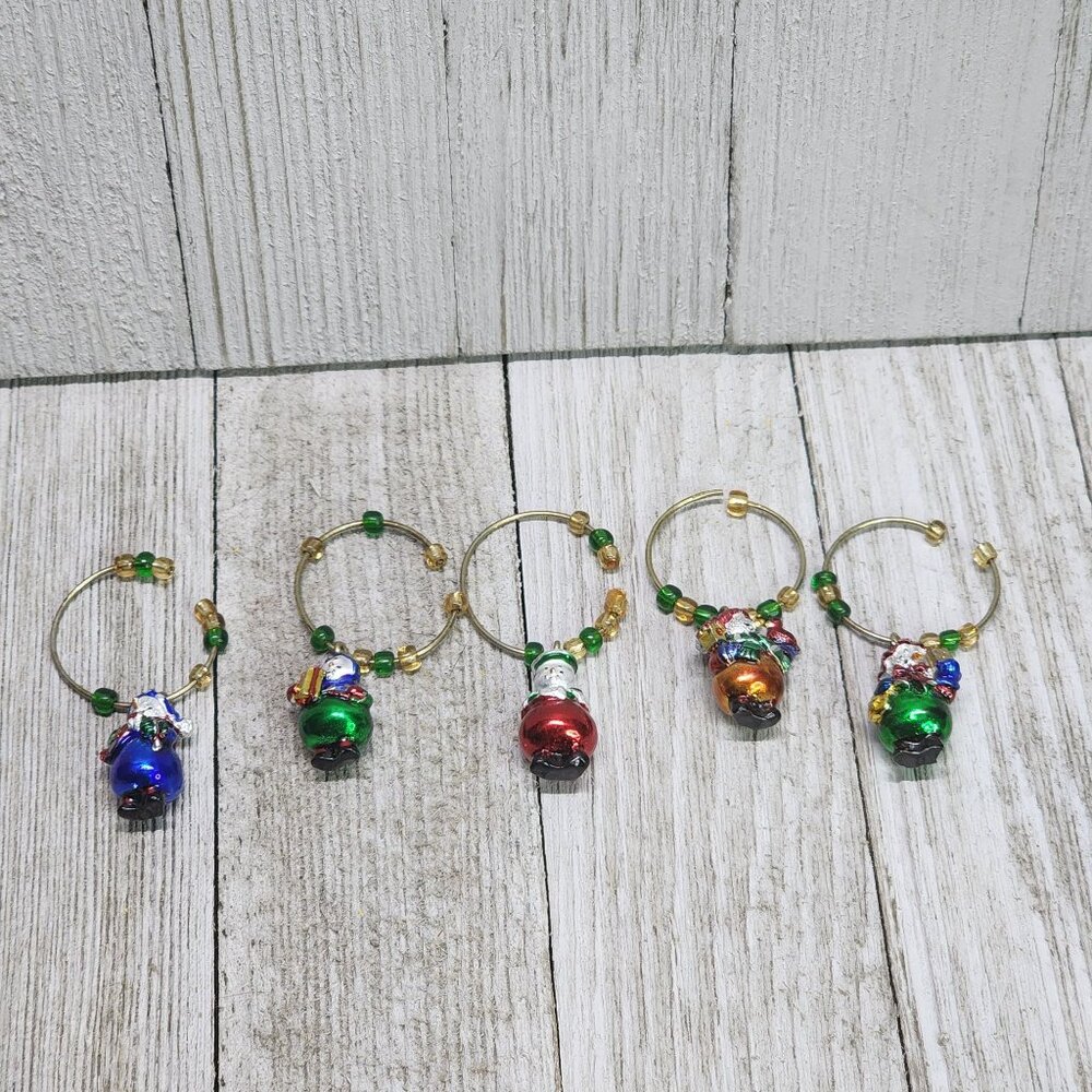 Vtg Holiday Christmas Multi Color Snowmen Wine Glass or Beer Bottle Charms Set 5